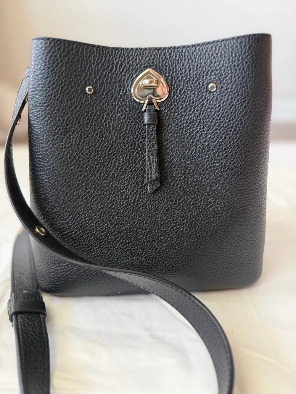Kate Spade Black Pebbled Leather Bucket Crossbody Bag Gold Spade Hardware